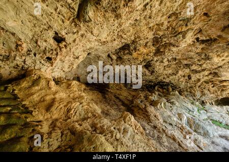 Cova de Sant Antoni, Cingle d'en Cladera, Castillo de Alaró, Alaró, Serra de Tramuntana, Mallorca, Balearen, Spanien. Stockfoto