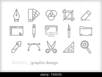 Satz von 15 grafik design Zeile für Symbole von Werkzeugen, Themen und Aufgaben für eine Grafik Designer Stock Vektor