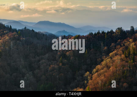 Am frühen Morgen Sonnenaufgang vom Gipfel am Newfound Gap in der Great Smoky Mountains National Park im Herbst, außerhalb Gatlinburg, TN, USA Stockfoto