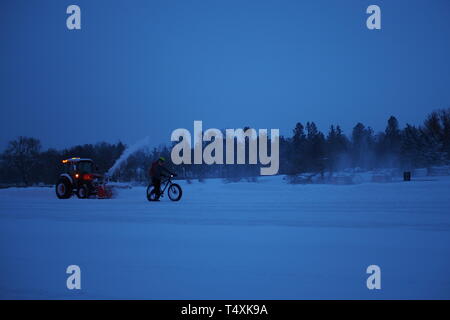 Ein winter Radfahrer an einem Traktor Schneeräumen auf dem Rideau-Kanal-Eislaufbahn bei Dow's Lake, Ottawa, Ontario, Kanada. Stockfoto