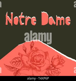 Notre Dame de pary Poser. Zerrissenes Papier Stil. Rosen Blume Thema Creative Design Hintergrund für Social Media, Publishing, blogs. Rot und Schwarz Stock Vektor