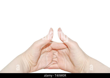 Die zwei Frauen, die Hände von der gleichen Person, Interlock Finger auf weißem Hintergrund. Gefalteten Händen, inneren Seite schließen nach oben Stockfoto