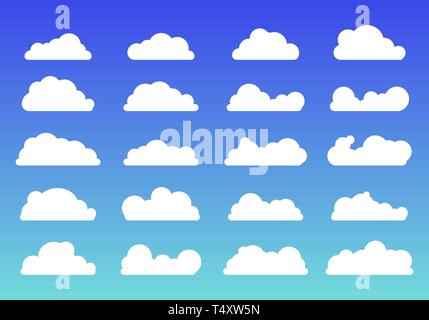 Satz von weißen Wolken Symbole trendy Flat Style auf blauem Hintergrund. Cloud Symbol oder Logo, andere für Ihre Web site Design, Logo, App, UI. Vektor illust Stock Vektor