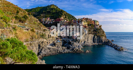 Panoramablick von Manarola, einer der fünf mediterranen Dörfer der Cinque Terre, Italien, bekannt für seine bunten Häuser und den Hafen. Stockfoto