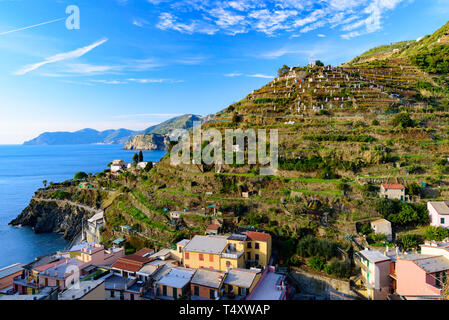 Manarola, einer der fünf mediterranen Dörfer der Cinque Terre, Italien, bekannt für seine bunten Häuser und den Hafen. Stockfoto