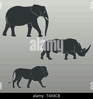 Silhouetten der wilde Savanne Tiere - Elefant, Nashorn, Löwe Stock Vektor