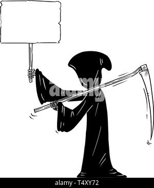 Cartoon Strichmännchen Zeichnen konzeptionelle Darstellung der Sensenmann mit Sense und in schwarzen Haube Holding leer Zeichen für Ihren Text. Stock Vektor