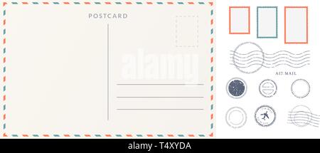 Elemente für leere Postkarte zurück. Briefmarken und Abdrucke. Travel Card Design Stock Vektor