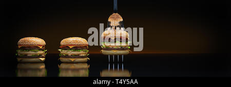 Ein kleiner Hamburger steckte in der Gabel. Das Konzept der angemessenen Ernährung. 3d-Rendering Stockfoto