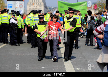 Ein Aussterben Rebellion Demonstrator wird von der Polizei auf der Waterloo Bridge in London geführt. Stockfoto