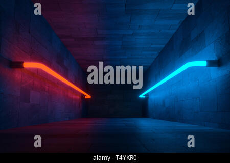 3D-Rendering, leuchtende magische Linien in anbanoned Zimmer, dunklen Hintergrund, Computer digital image Stockfoto