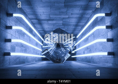 3D-Rendering, leuchtende magische Linien in anbanoned Zimmer, dunklen Hintergrund, Computer digital image Stockfoto