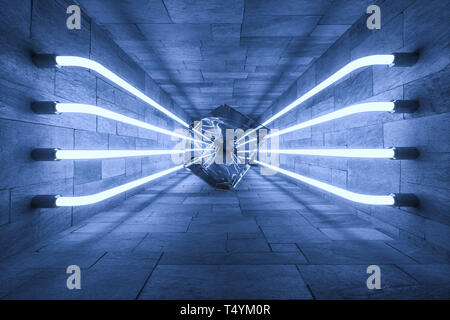 3D-Rendering, leuchtende magische Linien in anbanoned Zimmer, dunklen Hintergrund, Computer digital image Stockfoto