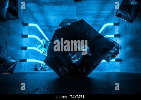 3D-Rendering, leuchtende magische Linien in anbanoned Zimmer, dunklen Hintergrund, Computer digital image Stockfoto