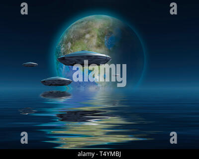 Raumschiffe fliegt über den Ozean, Terraformed Mond am Horizont Stockfoto