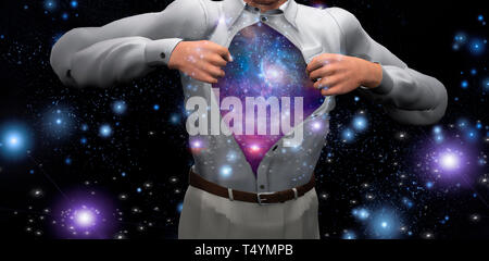 Mann öffnet T-Shirt die Galaxien zu offenbaren, 3D-Rendering. Stockfoto