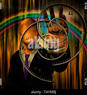 Gesichtslosen Mann in Anzug hält Spiralen von Zeit, Regenbogen auf einem Hintergrund. Stockfoto