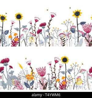 Vector Art nahtlose Hintergrund mit Hand gezeichnet wilden Kräutern, Blumen und Blätter auf Weiß. Doodle Art floral Abbildung Stock Vektor