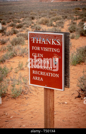 Vielen Dank für Ihren Besuch Glen Canyon - SEITE, USA - 29. MÄRZ 2019 Stockfoto