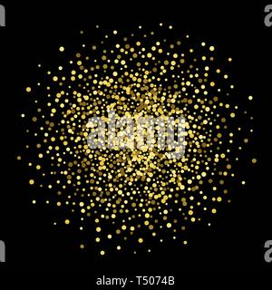 Glänzendes glänzendes Wirkung funkelnden goldenen Splash auf schwarzem Hintergrund. Einladung. gelb und braun, goldenen Staub spot, Flying circle Goldenen Elemente von Con Stockfoto