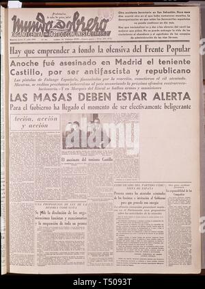 PERIODICO MUNDO OBRERO - 1936. Lage: Biblioteca Municipal. MADRID. CASTILLO JOSÉ (TENIENTE). MANGADA CORONEL. Stockfoto