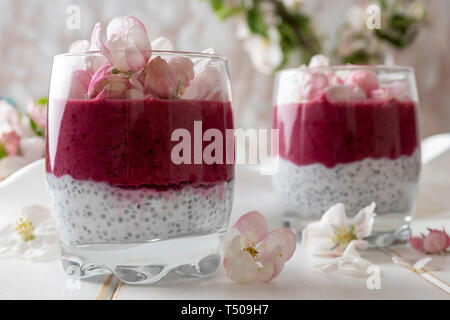 2-in-1-chia Pudding mit Joghurt, Blaubeeren und Apfelblüte Stockfoto