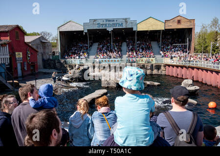 Hannover, Deutschland. 19 Apr, 2019. Besucher Masse in Yukon Bay während der Dichtung zeigen auf der Hannover Zoo für einen guten Platz an der Sonne. Credit: Peter Steffen/dpa/Alamy leben Nachrichten Stockfoto