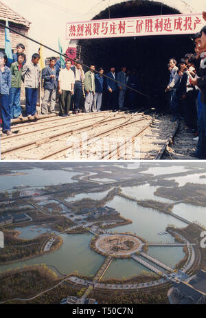 Nanjing. 19 Apr, 2019. Combo Foto zeigt den 3. Coal Mine Betrieb in Mazhuang Dorf im Oktober 1988 (oben, Foto) und die Pan' ein Lake national Wetland Park in Xuzhou, der ostchinesischen Provinz Jiangsu, 13. März 2018 (siehe unten, Foto von Ji Chunpeng). Quelle: Xinhua/Alamy leben Nachrichten Stockfoto