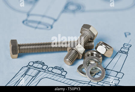 Metallische schrauben. Sechskantmuttern. Die zeichnungserstellung. Unterlegscheiben Gruppe. Technische Zeichnung. Thema stahl Schraube Teile. Professionelle Dokumentation. Maschinenbau. Stockfoto