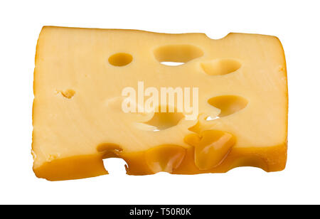 Geräuchertem schweizer Käse Platte. Emmentaler Stück detail. Klumpen des salzigen medium hard Milchprodukt aus Kuhmilch. Einen Block von gelben lecker Maasdam mit Löchern. Stockfoto