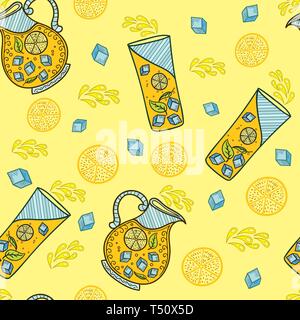 Kanne in ein Glas Limonade doodle Hintergrund gegossen. Hand zeichnen Sommerurlaub Schriftzug Stock Vektor