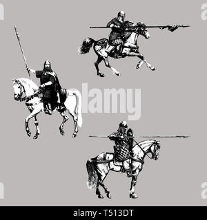 Mittelalterliche Ritter Abbildung montiert. Ritter zu Pferd. Satz von 3 mittelalterlichen Kreuzfahrer. Digitale Zeichnung. Stockfoto