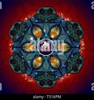 Abstrakte Blume oder pfauenfedern Muster in der Mitte auf blauen Hintergrund rot Stock Vektor