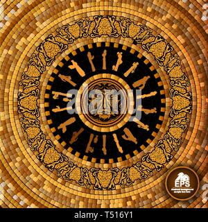 Runde griechische Fliese geometrischen Hintergrund mit Trauben und Wein Teekocher Muster und Gesicht in der Mitte Stock Vektor