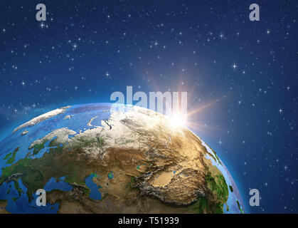 Planet Erde im Weltraum, auf Europa und Asien, Sonne am Horizont gerichtet. 3D-Illustration - Elemente dieses Bild von der NASA eingerichtet. Stockfoto