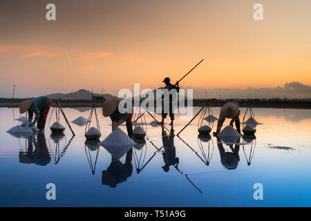 Die Frauen arbeiten auf dem Salz Feld in der Morgendämmerung. Salz Feld Hon Khoi in Nha Trang, Vietnam. Stockfoto