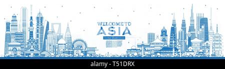 Übersicht Herzlich Willkommen bei Asien Skyline mit blauen Gebäude. Vector Illustration. Tourismus Konzept mit historischer Architektur. Asien Stadtbild mit Sehenswürdigkeiten. Stock Vektor