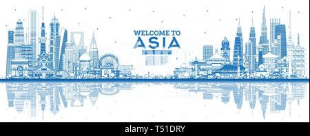 Übersicht Herzlich Willkommen bei Asien Skyline mit blauen Gebäude. Vector Illustration. Tourismus Konzept mit historischer Architektur. Asien Stadtbild mit Sehenswürdigkeiten. Stock Vektor