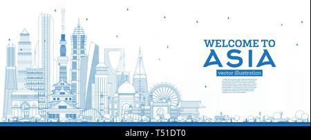 Übersicht Herzlich Willkommen bei Asien Skyline mit blauen Gebäude. Vector Illustration. Tourismus Konzept mit historischer Architektur. Asien Stadtbild mit Sehenswürdigkeiten. Stock Vektor
