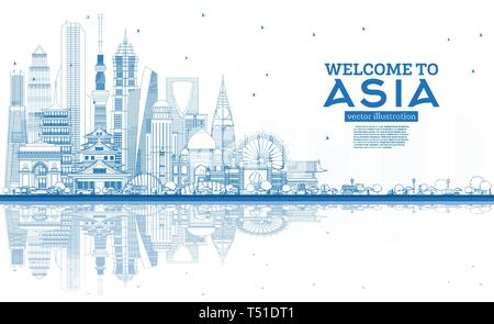 Übersicht Herzlich Willkommen bei Asien Skyline mit blauen Gebäude. Vector Illustration. Tourismus Konzept mit historischer Architektur. Asien Stadtbild mit Sehenswürdigkeiten. Stock Vektor