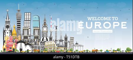 Nach Europa Skyline mit grauen Gebäuden und blauer Himmel willkommen. Vector Illustration. Tourismus Konzept mit historischer Architektur. Europa Stadtbild. Stock Vektor