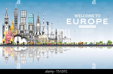 Nach Europa Skyline mit grauen Gebäuden und blauer Himmel willkommen. Vector Illustration. Tourismus Konzept mit historischer Architektur. Europa Stadtbild. Stock Vektor
