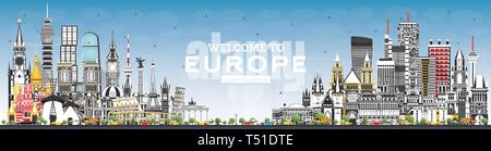 Nach Europa Skyline mit grauen Gebäuden und blauer Himmel willkommen. Vector Illustration. Tourismus Konzept mit historischer Architektur. Europa Stadtbild. Stock Vektor