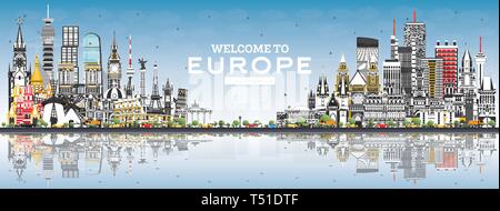 Nach Europa Skyline mit grauen Gebäuden und blauer Himmel willkommen. Vector Illustration. Tourismus Konzept mit historischer Architektur. Europa Stadtbild. Stock Vektor