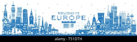 Überblick Willkommen in Europa Skyline mit blauen Gebäude. Vector Illustration. Tourismus Konzept mit historischer Architektur. Europa Stadtbild mit Landmark Stock Vektor