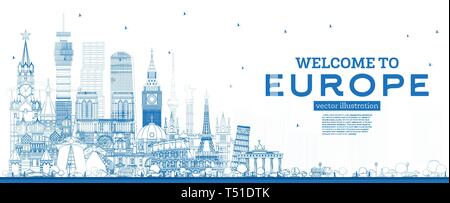 Überblick Willkommen in Europa Skyline mit blauen Gebäude. Vector Illustration. Tourismus Konzept mit historischer Architektur. Europa Stadtbild mit Landmark Stock Vektor