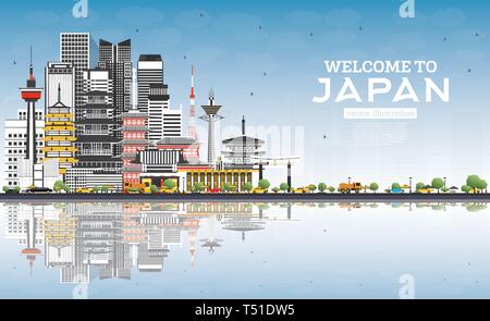 In Japan Skyline mit grauen Gebäude, blauer Himmel und Reflexionen zu begrüßen. Vector Illustration. Tourismus Konzept mit historischer Architektur. Japan. Stock Vektor