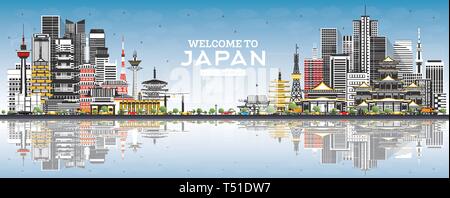 In Japan Skyline mit grauen Gebäuden und blauer Himmel willkommen. Vector Illustration. Tourismus Konzept mit historischer Architektur. Stadtbild mit Sehenswürdigkeiten. Stock Vektor