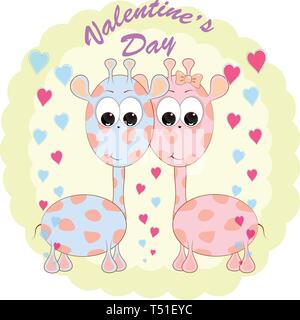 Valentinstag Grußkarten mit giraffen cartoon Vector Illustration. Stock Vektor