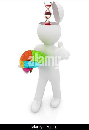 3D-Menschen - Mann mit halben Kopf, Gehirn und trumb. Medizinisches Konzept mit DNA-Modell Stockfoto